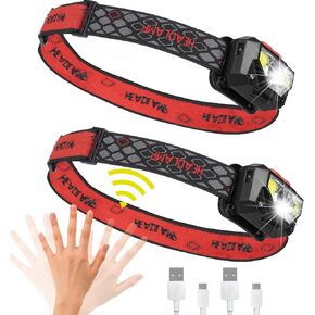 Headlamp Rechargeable 2 Pack 1200 Lumen Ultra Bright Head Lamp, Motion Sensor Waterproof, Hardhat Head lamp with White Red Light, 8 Mode for Outdoor Camping Running Repairing Cycling