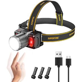SuperFire Led headlamp,High Lumen Super Bright headlamp Rechargeable,Zoomable Head lamp Flashlight with Motion Sensor Hard Hat Light headlamps for Adults