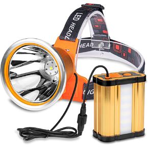 Superbright Bright Portable Rechargeable Headlight Powerful LED Headlamp Flashlight with 3 Light Modes External Battery Pack for Camping Biking Hunting Fishing (White Light)