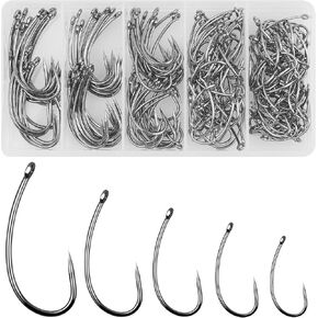 Barbless Fishing Hooks Kit, 180pcs Carp Fishing Hooks Small Sizes Trout Hooks Curved Shank Fly Tying Hooks Circle Hooks for Hair Rig Carp Fishing Tackle Saltwater Freshwater