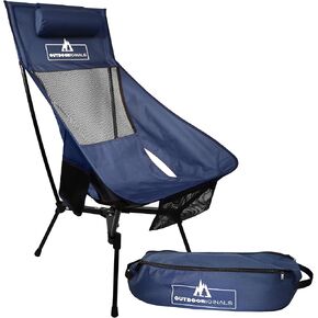 Outdoor Originals High Back Adjustable Height Camping Chair | Portable Folding High or Low Beach Chair with Pillow | Removable Legs | Carrying case | Bahama Blue