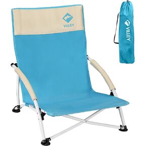 VILLEY Beach Camping Chair, Low Sling Outdoor Portable Lightweight Chair, Cross-Legged Low Chair, Foldable Easy Chair with Carry Bag, for Hiking, Fishing, Climbing, Garden, Sports Events, Blue