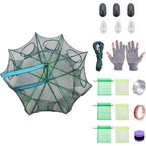 18Pcs Trap for Crawfish Shrimp Net,1x Mesh Collapsible Fish Trap,1x Fishing Bait Trap Rope,1 x Fishing Gloves,6X Bait Case, 6X Crab Trap Bait Bag,1 xFishing Rod Anti-Slip Belt