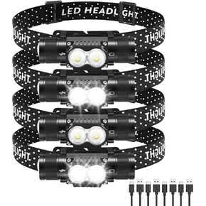 Headlamp Rechargeable 4 Pack, 1200 Lumen LED Head Lamp with 4 Light Modes, IPX6 Waterproof Super Bright High Lumen Headlamps, Adjustable Headstrap Headlights for Running, Camping, Outdoor