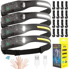 4Pcs Headlamp Rechargeable,600 Lumen LED Headlamp,230°Wide Beam and Spotlight Head Lamps,Motion Sensor, Headlight Flashlight with Lightweight Hardhat Clips for Hiking, Running, Repairing