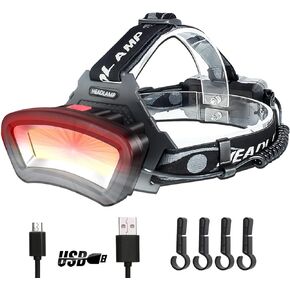 DARKBEAM Hard hat Headlamp COB LED Floodlight with Red Light USB Rechargeable 2000 Lumen - Car Maintenance and Night Construction - Included Rechargeable Battery Last for 6-10 Hours