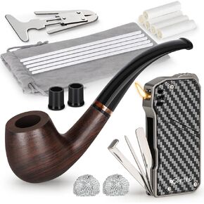 Scotte Handmade Pipe and Pipe Lighter Set, Wood Pipe and Various Pipe Accessories, Soft Flame Refillable Butane Lighter with 3 Foldable Pipe Cleaners Tools, Great Gift for Men