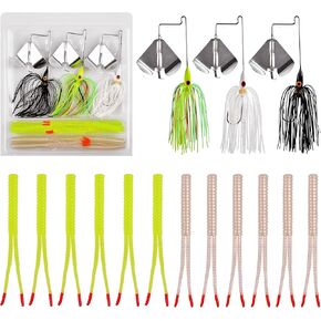 Soft Fishing Lures Kit, Buzzbait Spinnerbait Jigs Lures Multicolor Buzz Bait Swimbait Metal Jigs with 12pcs Soft Plastic Lures