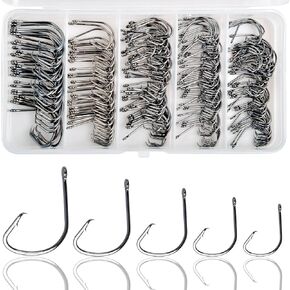 Fishing Hooks Kit Saltwater Freshwater Circle Hooks High Carbon Steel Barb Fish Hooks Fishing Gear Equipment with Tackle Box Assorted Size Octopus Beak Offset Fishing Hooks 210pcs