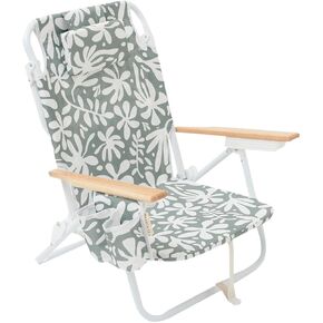 Sunnylife Reclining Beach Chair - The Vacay Olive. Converts from backpack to folding seat, with 5 reclining positions, insulated cooler pocket and adjustable straps for easy carrying