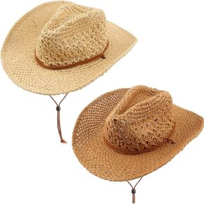 2 Pack Summer Straw Hats Beach Cowboy Cowgirl Hat Western Sun Hat for Adult Travel Beach Vacation, 2 Colors Beige, Khaki