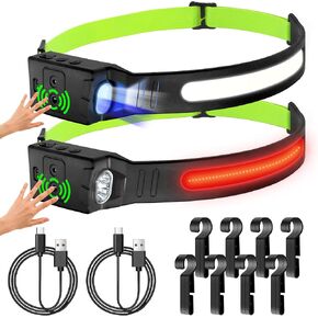 LED Headlamp Rechargeable USB-C, Waterproof with Motion Sensor, 230° Wide Beam COB led Headlight for Forehead with Blue XPE Sopt Light, 6 Modes for Father's Day Gift, Camping, Fishing, 2 Pack