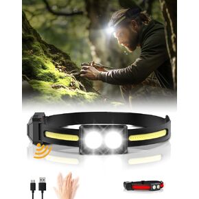 Headlamp Rechargeable, 270°Wide-Beam Head lamp LED with Motion Sensor for Adults，Waterproof Head Light Flashlight, 9 Lighting Modes, Comfortable Headlight for Hiking, Running, Repairing, Cycling