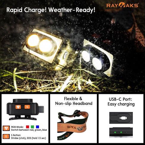 Ultra Bright 520Lumen OSRAM P9x2 LED Headlamp, RGB Flashlight, Lightweight Head Lamp, Rechargeable USB-C, Waterproof, Durable, Best for Camping, Hiking, Running, Fishing DuoTAN HL2 (Black) in Saudi Arabia