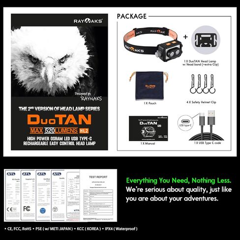 Ultra Bright 520Lumen OSRAM P9x2 LED Headlamp, RGB Flashlight, Lightweight Head Lamp, Rechargeable USB-C, Waterproof, Durable, Best for Camping, Hiking, Running, Fishing DuoTAN HL2 (Black) in Saudi Arabia