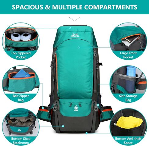 حقيبة ظهر للتخييم والمشي لمسافات طويلة مقاومة للماء 50L/60L/65L مع غطاء للمطر، حقيبة نهارية للسفر رياضية خفيفة الوزن في الهواء الطلق in Kuwait