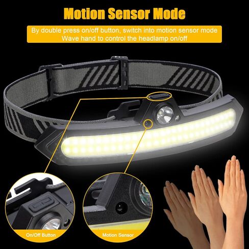 LED Rechargeable Headlamp Super Bright, IPX4 Water Resistant Lightweight Head Light with Motion Sensor for Adult, 6 Modes COB Head Flashlight with White+Red Lights for Camping/Fishing in Saudi Arabia