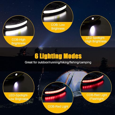 LED Rechargeable Headlamp Super Bright, IPX4 Water Resistant Lightweight Head Light with Motion Sensor for Adult, 6 Modes COB Head Flashlight with White+Red Lights for Camping/Fishing in Saudi Arabia