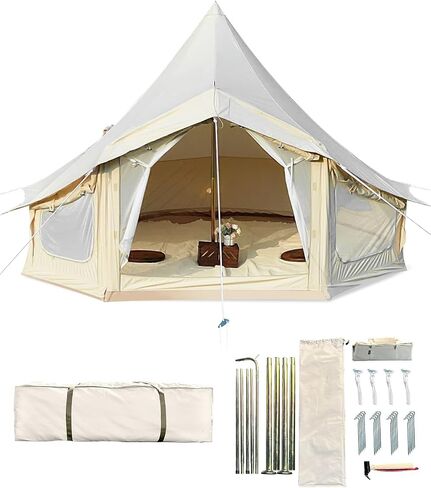 Canvas Bell Tent, 4 Seasons Yurt Tent with 2 Stove Jack, 4 Mesh Zippers Windows, Breathable Waterproof Tent Suitable for 4-12 People, Family Camping Outdoor Party in Saudi Arabia