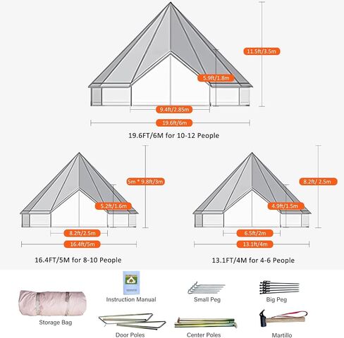 Canvas Bell Tent, 4 Seasons Yurt Tent with 2 Stove Jack, 4 Mesh Zippers Windows, Breathable Waterproof Tent Suitable for 4-12 People, Family Camping Outdoor Party in Saudi Arabia