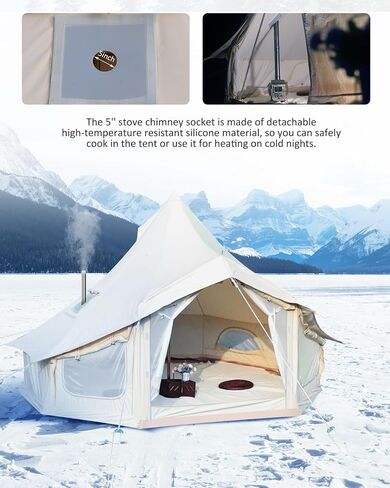 Canvas Bell Tent, 4 Seasons Yurt Tent with 2 Stove Jack, 4 Mesh Zippers Windows, Breathable Waterproof Tent Suitable for 4-12 People, Family Camping Outdoor Party in Saudi Arabia