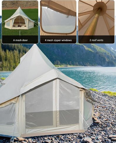 Canvas Bell Tent, 4 Seasons Yurt Tent with 2 Stove Jack, 4 Mesh Zippers Windows, Breathable Waterproof Tent Suitable for 4-12 People, Family Camping Outdoor Party in Saudi Arabia