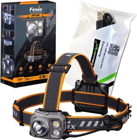 Fenix ​​HP16R 1250 لومن شعاع أبيض مزدوج ومصباح أمامي LED أحمر، بطارية قابلة لإعادة الشحن مع كابل شحن EdisonBright USB من النوع C in Saudi Arabia
