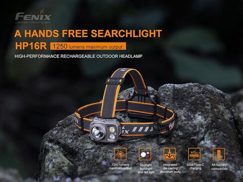 Fenix ​​HP16R 1250 لومن شعاع أبيض مزدوج ومصباح أمامي LED أحمر، بطارية قابلة لإعادة الشحن مع كابل شحن EdisonBright USB من النوع C in Saudi Arabia