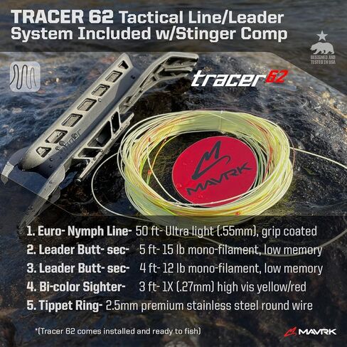 MAVRK Fly Fishing Stinger Comp Manual Fly Fishing Reel Lightweight Nylon Composite Black Out Finish with Tracer 62 Euro-Nymph Line Leader Designed in California in Saudi Arabia