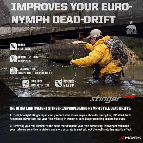 MAVRK Fly Fishing Stinger Comp Manual Fly Fishing Reel Lightweight Nylon Composite Black Out Finish with Tracer 62 Euro-Nymph Line Leader Designed in California in Saudi Arabia