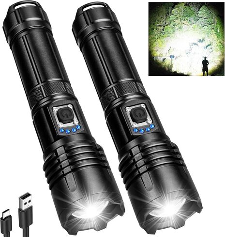 مصابيح LED قابلة لإعادة الشحن لومن عالي، 990,000 لومن مصابيح يدوية فائقة السطوع مع 5 أوضاع، مصابيح فلاش قوية مقاومة للماء متعددة الوظائف للتخييم المنزلي (عبوة من قطعتين) in Kuwait