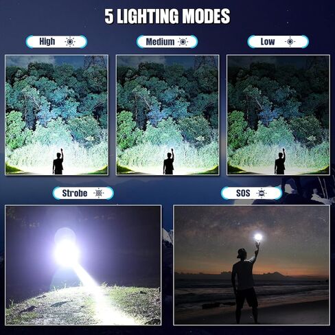 مصابيح LED قابلة لإعادة الشحن لومن عالي، 990,000 لومن مصابيح يدوية فائقة السطوع مع 5 أوضاع، مصابيح فلاش قوية مقاومة للماء متعددة الوظائف للتخييم المنزلي (عبوة من قطعتين) in Kuwait