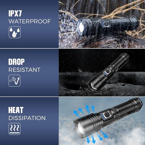 مصابيح LED قابلة لإعادة الشحن لومن عالي، 990,000 لومن مصابيح يدوية فائقة السطوع مع 5 أوضاع، مصابيح فلاش قوية مقاومة للماء متعددة الوظائف للتخييم المنزلي (عبوة من قطعتين) in Kuwait