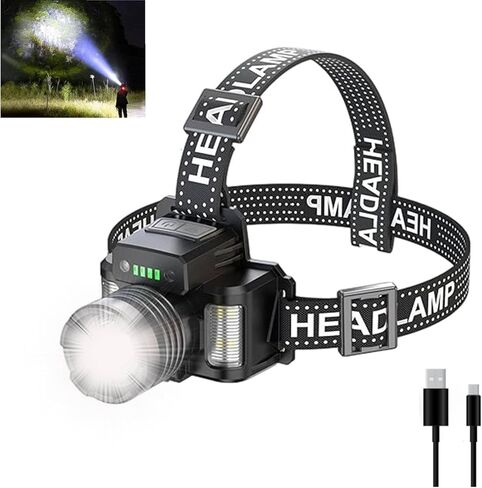 مصباح أمامي 200000 لومن قابل لإعادة الشحن XHP70.2 مصباح أمامي LED قوي للغاية، ضبط التركيز 3 أوضاع مصباح أمامي مقاوم للماء، وظيفة بنك الطاقة للتخييم وركوب الدراجات والمشي لمسافات طويلة (ج) in Kuwait
