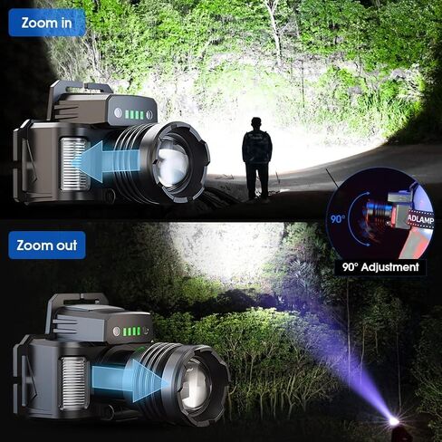 مصباح أمامي 200000 لومن قابل لإعادة الشحن XHP70.2 مصباح أمامي LED قوي للغاية، ضبط التركيز 3 أوضاع مصباح أمامي مقاوم للماء، وظيفة بنك الطاقة للتخييم وركوب الدراجات والمشي لمسافات طويلة (ج) in Kuwait