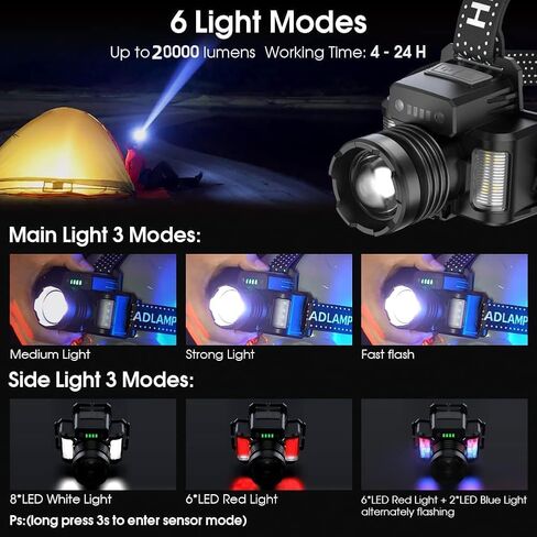 مصباح أمامي 200000 لومن قابل لإعادة الشحن XHP70.2 مصباح أمامي LED قوي للغاية، ضبط التركيز 3 أوضاع مصباح أمامي مقاوم للماء، وظيفة بنك الطاقة للتخييم وركوب الدراجات والمشي لمسافات طويلة (ج) in Kuwait