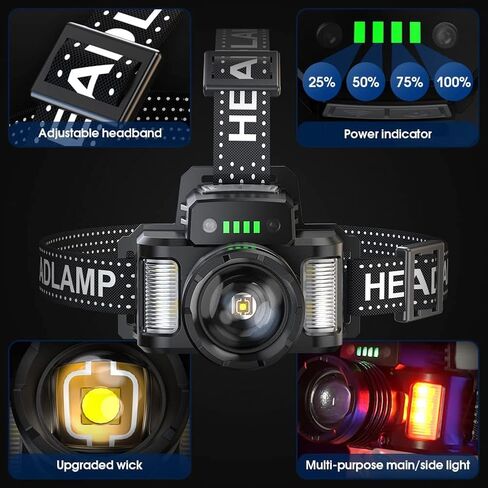 مصباح أمامي 200000 لومن قابل لإعادة الشحن XHP70.2 مصباح أمامي LED قوي للغاية، ضبط التركيز 3 أوضاع مصباح أمامي مقاوم للماء، وظيفة بنك الطاقة للتخييم وركوب الدراجات والمشي لمسافات طويلة (ج) in Kuwait