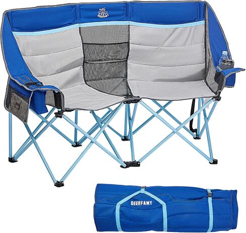 DEERFAMY Double Camping Chair for Adults, Breathable Folding Camping Chair with Cooler Bag and Insulated Cup Holders for Outdoor Travel Picnic, Portable Loveseat for 2/3 Person in Saudi Arabia