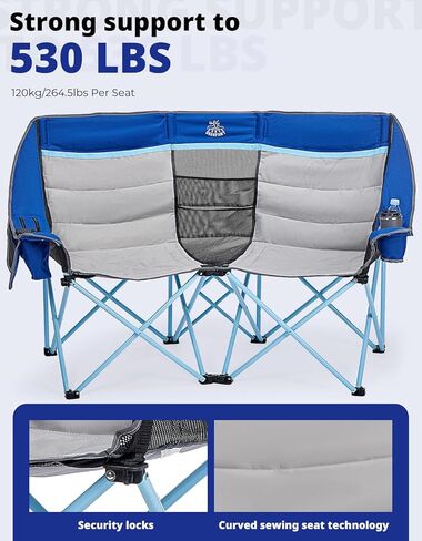 DEERFAMY Double Camping Chair for Adults, Breathable Folding Camping Chair with Cooler Bag and Insulated Cup Holders for Outdoor Travel Picnic, Portable Loveseat for 2/3 Person in Saudi Arabia
