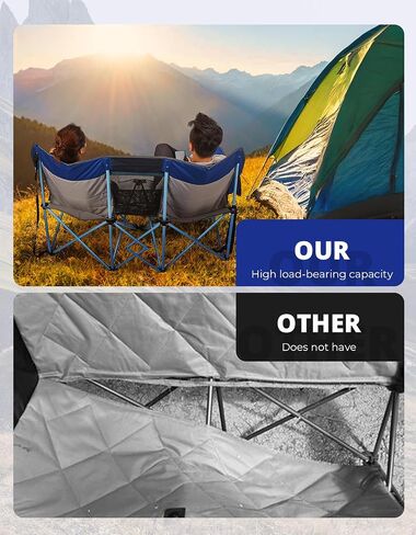 DEERFAMY Double Camping Chair for Adults, Breathable Folding Camping Chair with Cooler Bag and Insulated Cup Holders for Outdoor Travel Picnic, Portable Loveseat for 2/3 Person in Saudi Arabia