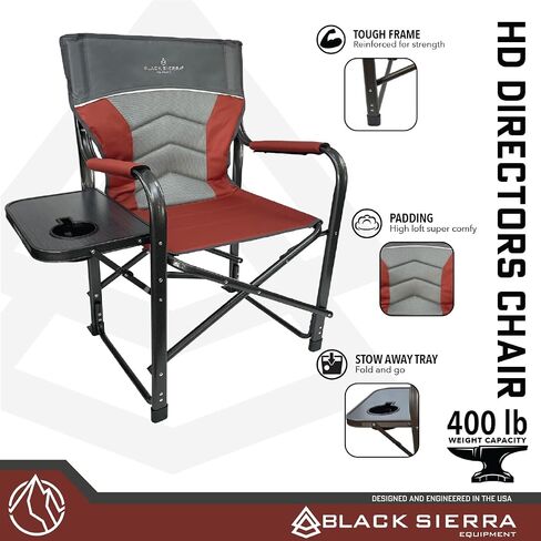 كرسي مدير Black Sierra XL مع طاولة جانبية قابلة للطي، كرسي تخييم عالي التحمل يدعم 400 رطل، كرسي كبير الحجم قابل للطي في الهواء الطلق مع ظهر مرتفع وأذرع مبطنة للحديقة والشاطئ والخياطة والرياضة in Kuwait