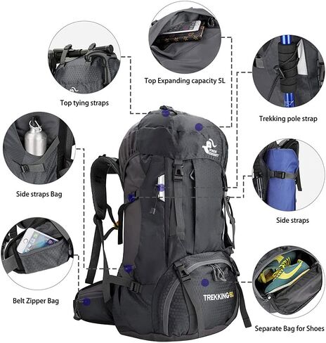 60L Hiking Backpack Waterproof Travel Hiking Camping with Daypack Cover (Black) in Saudi Arabia