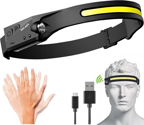 Headlamp Rechargeable, 230° Wide Beam Head Lamp,Portable Lightweight headlaght with Motion Sensor- Adults Camping Accessories Gear,Waterproof Head Light Flashlight for Cycling Fishing Repairing (1PC) in Kuwait