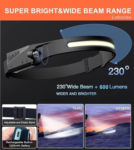 Headlamp Rechargeable, 230° Wide Beam Head Lamp,Portable Lightweight headlaght with Motion Sensor- Adults Camping Accessories Gear,Waterproof Head Light Flashlight for Cycling Fishing Repairing (1PC) in Kuwait
