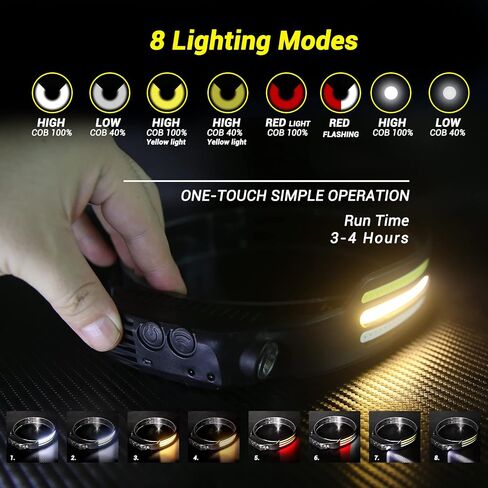 Rechargeable LED Headlamp, COB 230 ° Wide Beam, 2 Light Source Headlamp, Motion Sensor, 1200 Lumens, 8 Light Modes, IPX6 Waterproof, Headlamp Camping, Running, Cycling, Fishing in Saudi Arabia