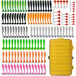 131-Piece Fishing Soft Plastic Lure Kit, T-Tail Soft Baits Soft Paddle Tail Baits, for Saltwater and Freshwater with Tackle Box