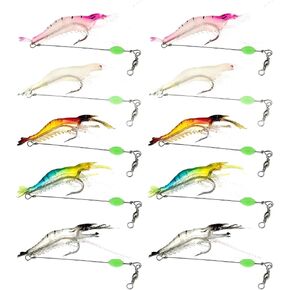10 Pcs Saltwater Shrimp Fishing Lures, Luminous Plastic Shrimp Bait with Sharp Hook, Colorful Catfish Bait, Señuelos de camarón for Freshwater Saltwater Trout Fishing Enthusiast (5 Colors)