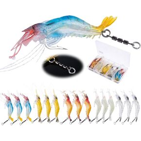 Shrimp Lures, Soft Shrimp Fishing Lures for Freshwater Saltwater, Luminous Shrimp Bait with Sharp Hook and Swivel for Trout Bass Salmon Walleye, 5 Colors Saltwater Lures Fishing Tackle