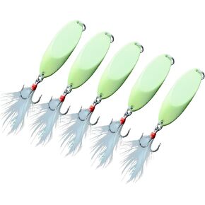 Luminous Fishing Spoon Jig Lure with Feather,5 Packs Hard Metal Spoon Trout Fishing Lures with Treble Fishing Hooks Long Distance Casting Glow Jig Spoon