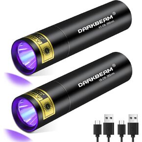 DARKBEAM Flashlight UV Black Light 395 NM, Mini but Powerful USB- C LED Rechargeable Woods Lamp, Ultraviolet Flashlights for Pet Urine, Stains Detection, Resin Curing, Fluorescent Agent, 2 Pack